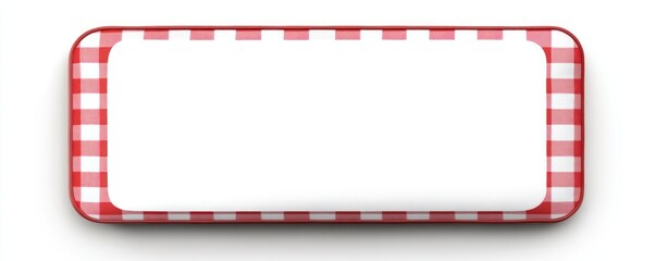A blank rectangular sign with a red and white checkered border, suitable for labeling or menus.