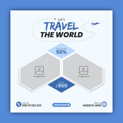 Travel social media post design or square travel flyer design template