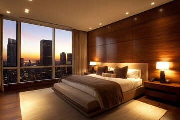 Modern Bedroom with City Skyline View at Sunset