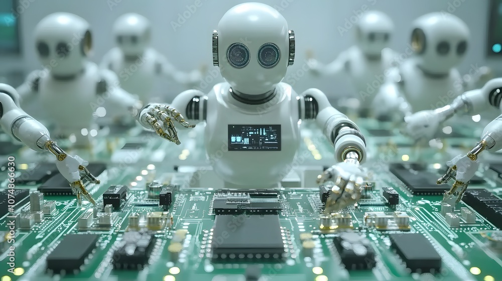 Poster manufacturing automation. advanced high precision robot arms on automated pcb assembly line inside m