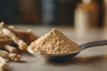 Ashwagandha Powder in a Spoon with Dried Roots
