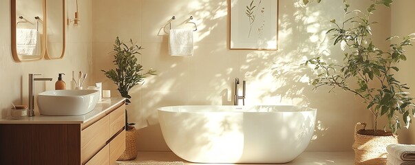 Stylish modern bathroom showcasing bamboo toothbrushes, menstrual cup, and reusable products, all arranged in a chic, neutral space with soft sunlight, sustainable zerowaste decor