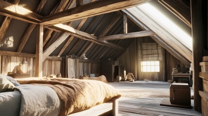 Rustic Attic Bedroom with Wooden Beams and Sunlight