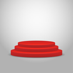 Red podium on light grey background. Red pedestal. Red stairs.	