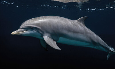 Fototapeta premium A dolphin gracefully swims through the deep blue ocean, its sleek body illuminated by the sunlight filtering through the water