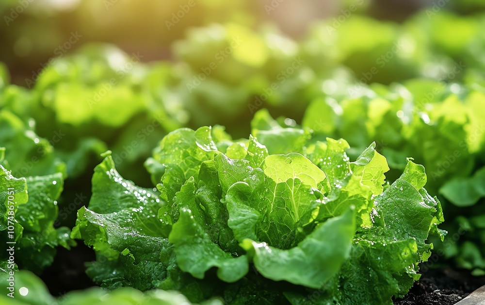 Poster Vertical hydroponic farm with rows of crisp green lettuce, efficient use of space for organic, soilfree farming
