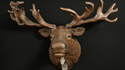 Fototapeta premium A detailed sculpture of a moose head mounted on a black background.