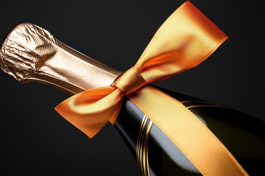 A champagne bottle adorned with a golden ribbon, symbolizing celebration and festivity.