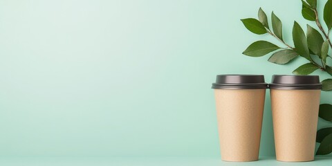 Two disposable coffee cups beside fresh green leaves on a pastel background.