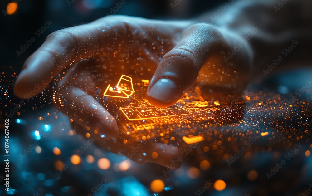 Poster closeup of a man s finger interacting with a glowing hologram featuring shopping cart and ecommerce 