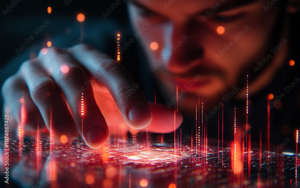 Poster closeup of a man s finger interacting with a glowing hologram featuring shopping cart and ecommerce 