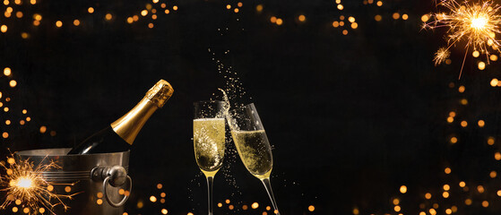 Happy New Year 2025, New Year's Eve holiday greeting card celebration - Frame made of bokeh lights and sparklers firework, champagne glasses and champagne bucket on black background © Corri Seizinger