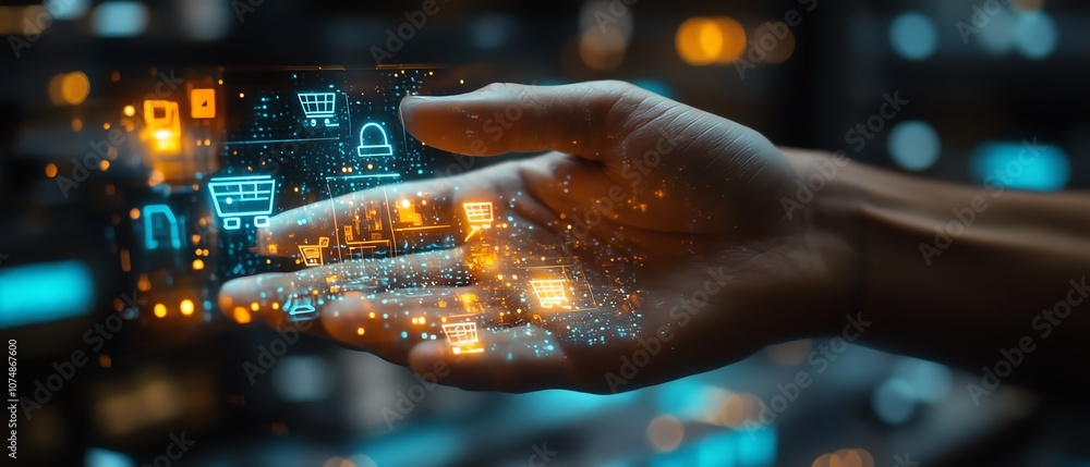 Poster digital ecommerce interaction with a man s finger on a glowing hologram displaying shopping cart and