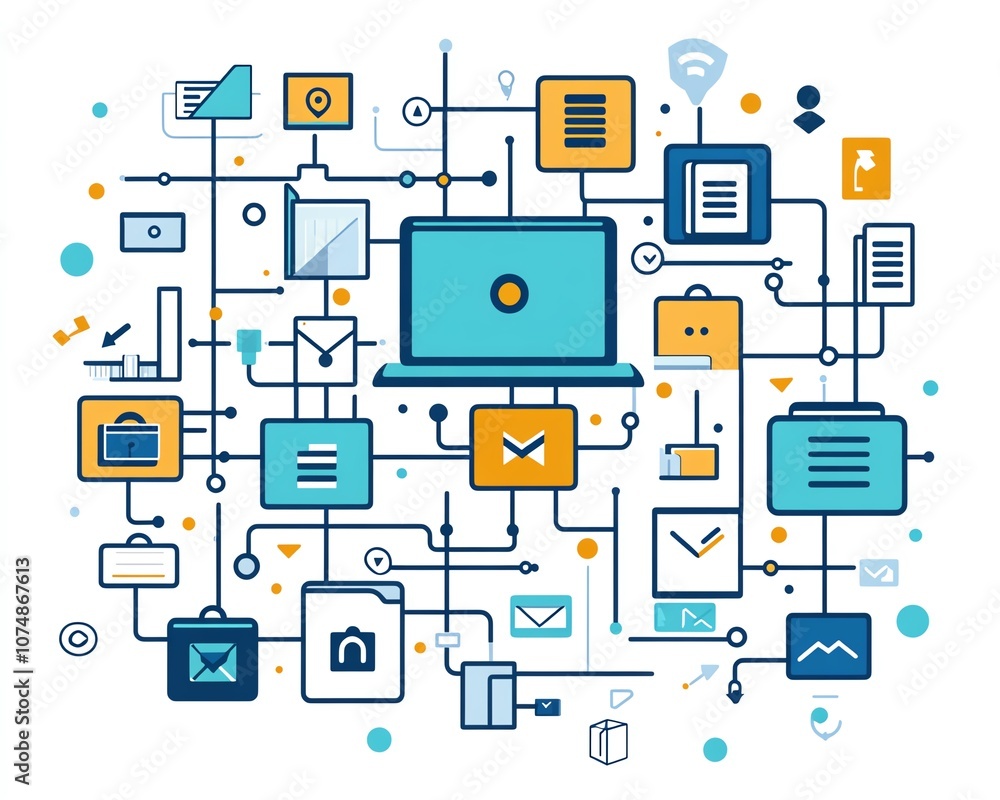 Poster Digital file management concept with interconnected document and folder icons on a white background, representing efficient organization