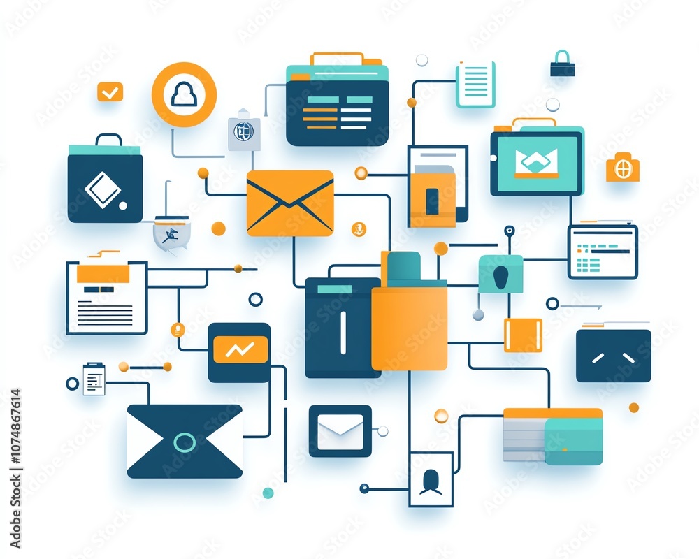 Poster Digital file management concept with interconnected document and folder icons on a white background, representing efficient organization
