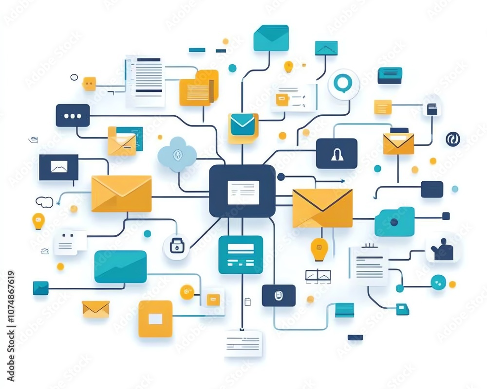 Poster Digital file management concept with interconnected document and folder icons on a white background, representing efficient organization