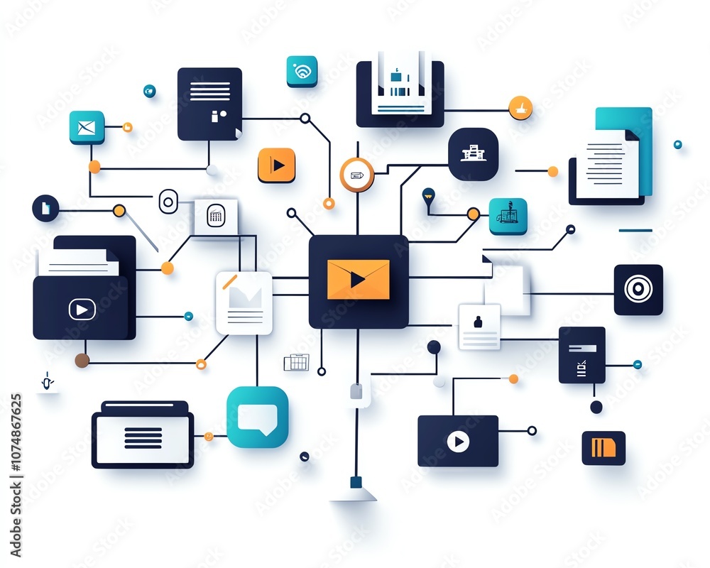 Poster Digital file management concept with interconnected document and folder icons on a white background, representing efficient organization