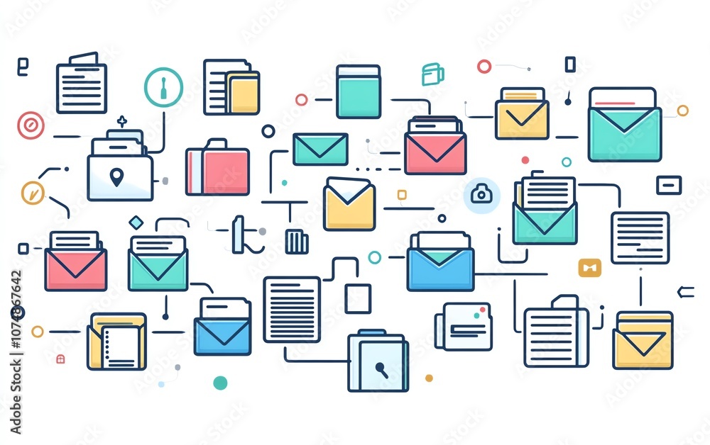 Poster digital icons of documents and folders connected together on white background, showcasing seamless f