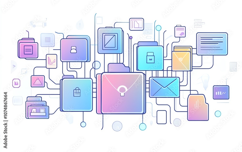 Poster Digital icons of documents and folders connected together on white background, showcasing seamless file management and organization