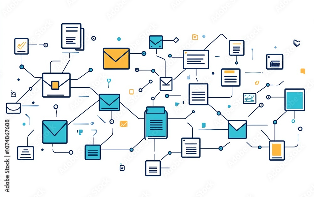 Poster digital icons of documents and folders connected together on white background, showcasing seamless f