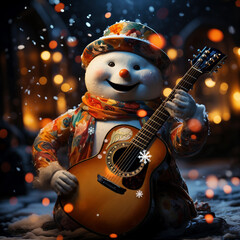 A cheerful snowman dressed in colorful attire, including a patterned hat and scarf, holds an acoustic guitar and appears joyful, performing music. The background is snowy with warm glowing lights.
