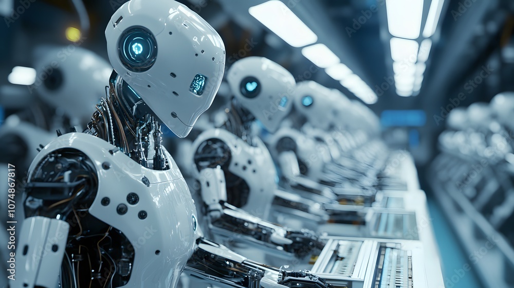 Poster manufacturing automation. advanced high precision robot arms on automated pcb assembly line inside m