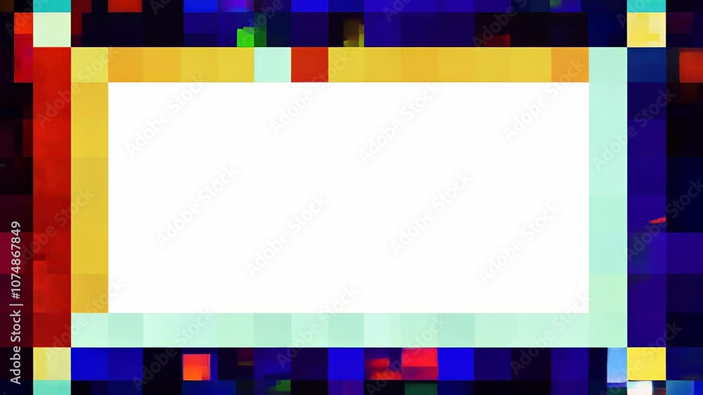 Poster abstract pixelated frame design in vibrant colors, creating a digital artwork effect with a white ce
