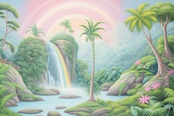 Painting of rain jungle backgrounds vegetation waterfall.