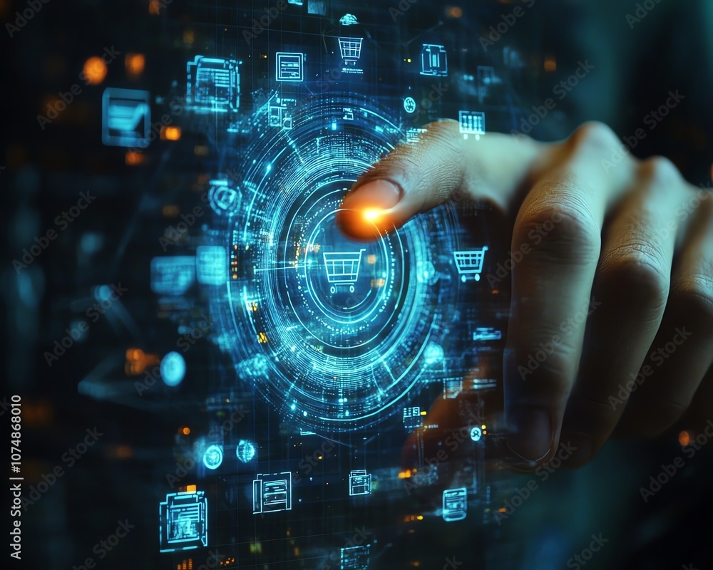 Poster futuristic interface with a man s finger tapping a glowing hologram filled with shopping cart and ec