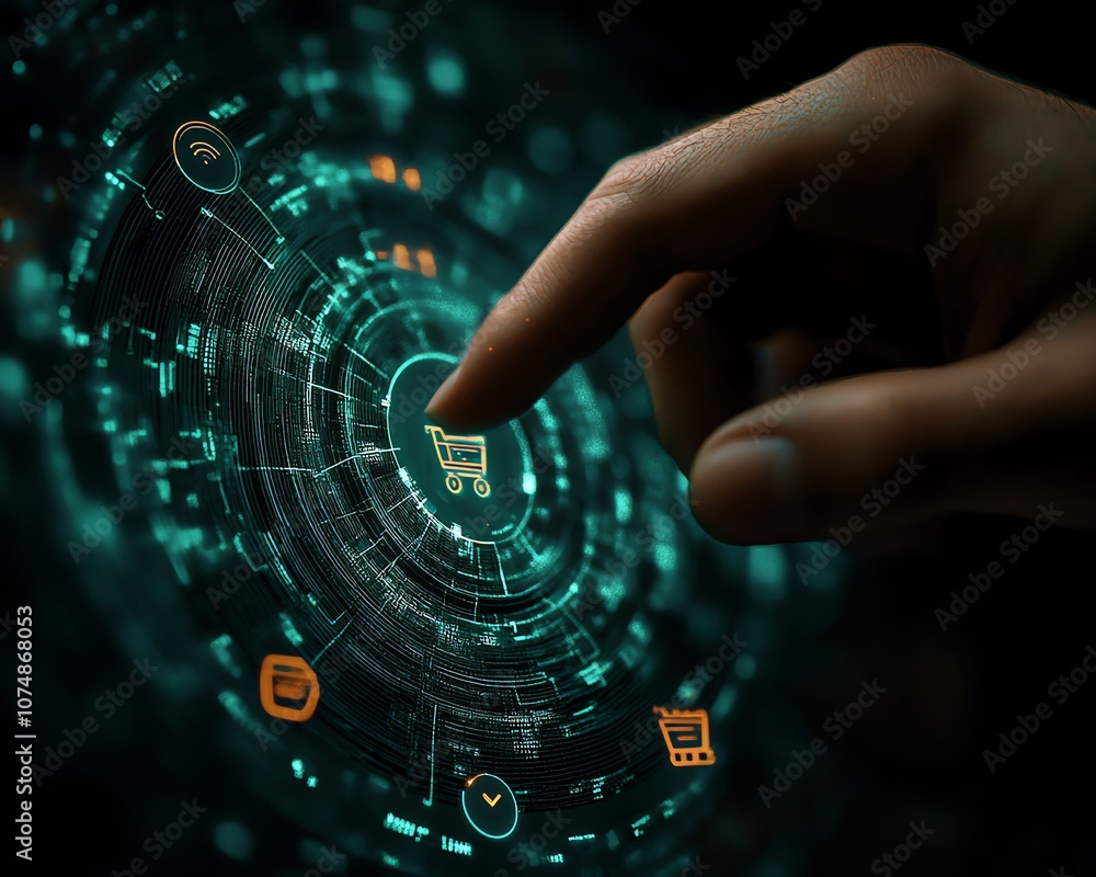 Aufkleber Futuristic interface with a man s finger tapping a glowing hologram filled with shopping cart and ecommerce symbols