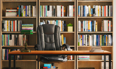 3d render of study room, office or library background with book shelf