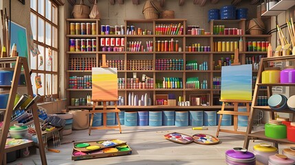 Bright Art Studio with Painting Supplies and Canvases