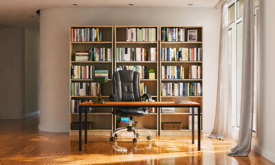 3d render of study room, office or library background with book shelf
