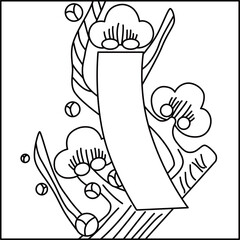 線画正方形花札　如月　梅　赤短　2月　梅に赤短