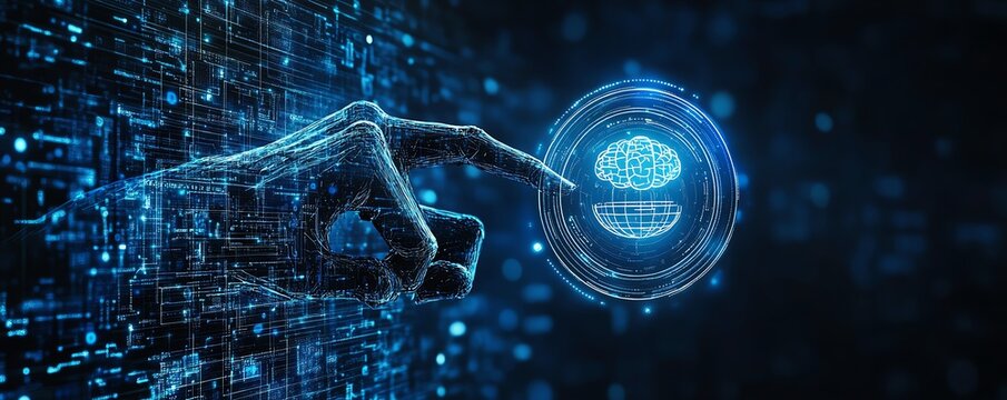 Hand touching digital AI and legal icons on a blue background, highlighting the fusion of technology and legal systems
