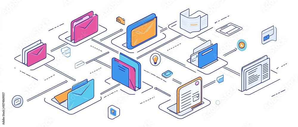 Poster Interconnected digital folder and document icons, isolated on white background, representing effective data management and file structure