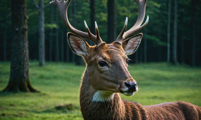 A deer with large antlers stands in a forest clearing, its head turned to the side