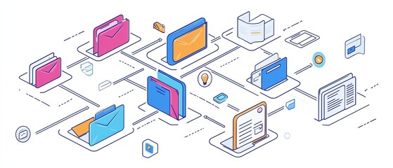 Fototapeta premium Interconnected digital folder and document icons, isolated on white background, representing effective data management and file structure