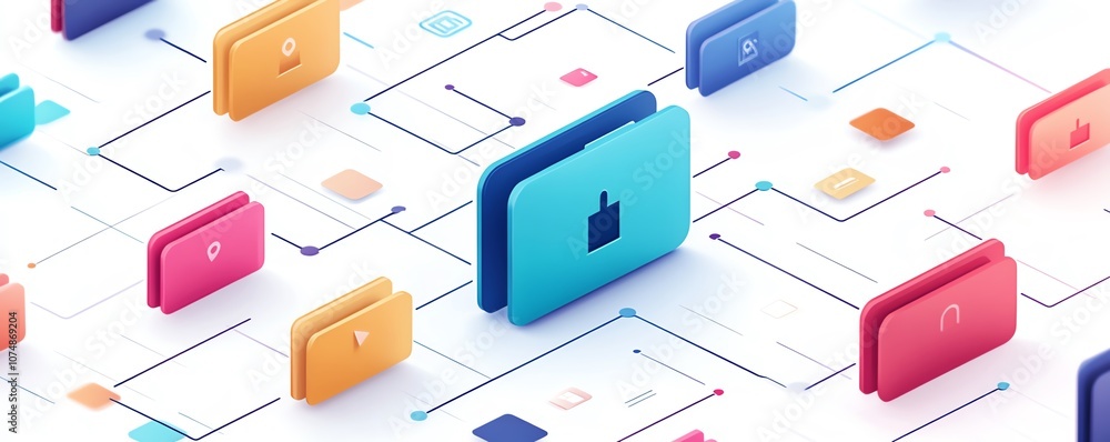 Aufkleber Isolated digital document and folder icons interconnected on a clean white background, illustrating modern file and data organization