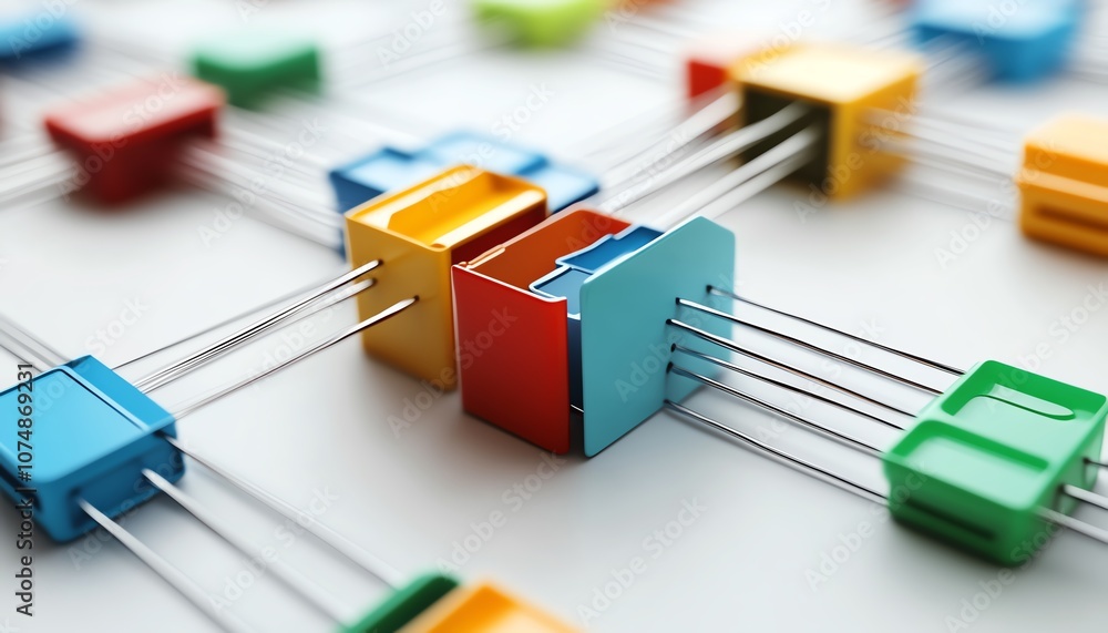 Poster Isolated digital document and folder icons linked together on white background, visualizing data management and file organization