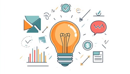 Lightbulb glowing with business and finance elements like charts, arrows, and a target on a white background, illustrating financial planning