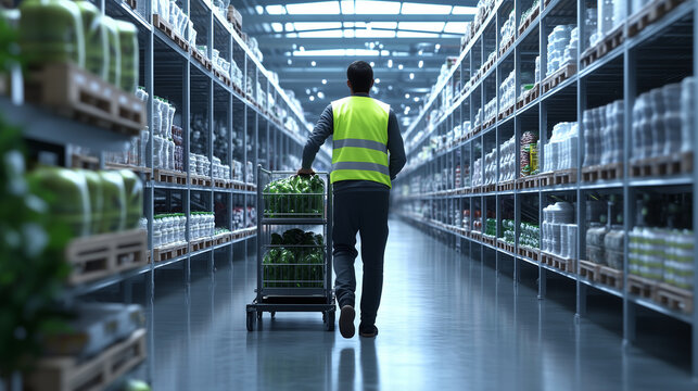A modern grocery warehouse filled with rows of shelves; a loader in a reflective vest carefully moves a pallet of goods on a hand trolley, providing a trade concept with ample room
