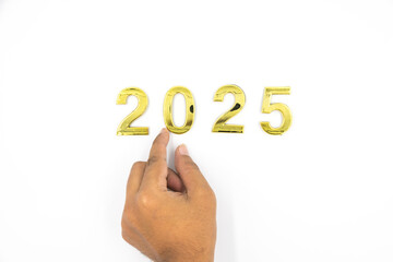 Gold 2025 numerals on a white background. 2025 New Years Eve Celebration, Holiday background Happy New Year 2025. Numbers of year 2025, celebrating New Year holiday, Space for text