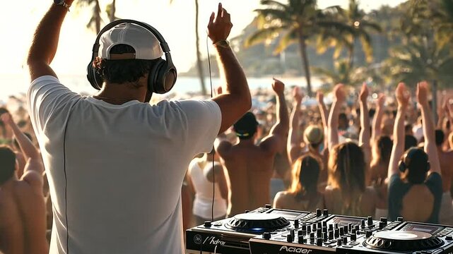 DJ at Beach Party with Tropical Backdrop