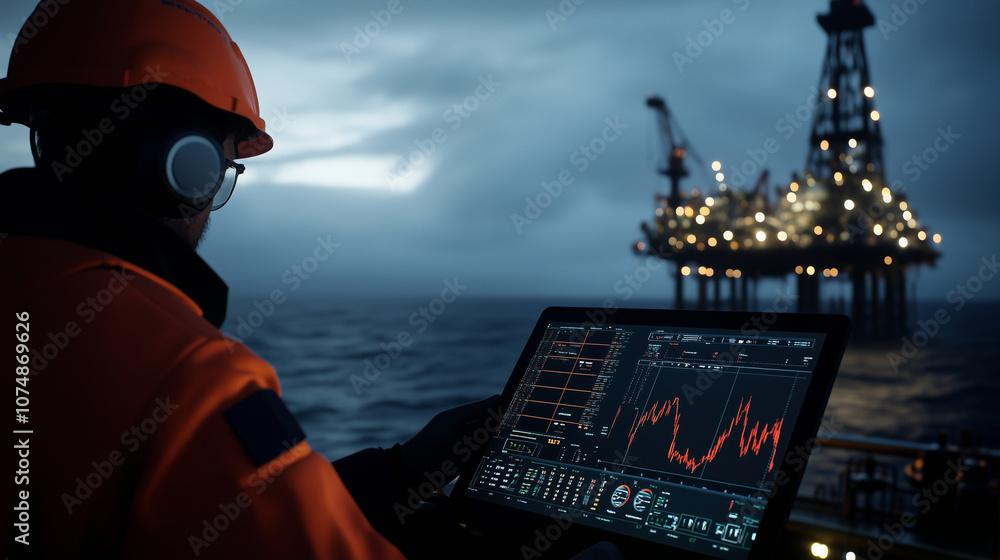 Aufkleber at dusk, an oil rig operator oversees operations via a tablet interface with charts and control butt