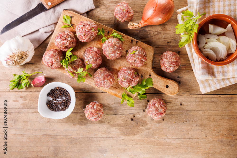 Canvas Prints raw meatballs on wooden board with herbs