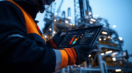 An operator wearing safety gloves holds a tablet displaying drilling metrics, set against the structure of an oil and gas rig, showcasing the shift toward remote digital control.