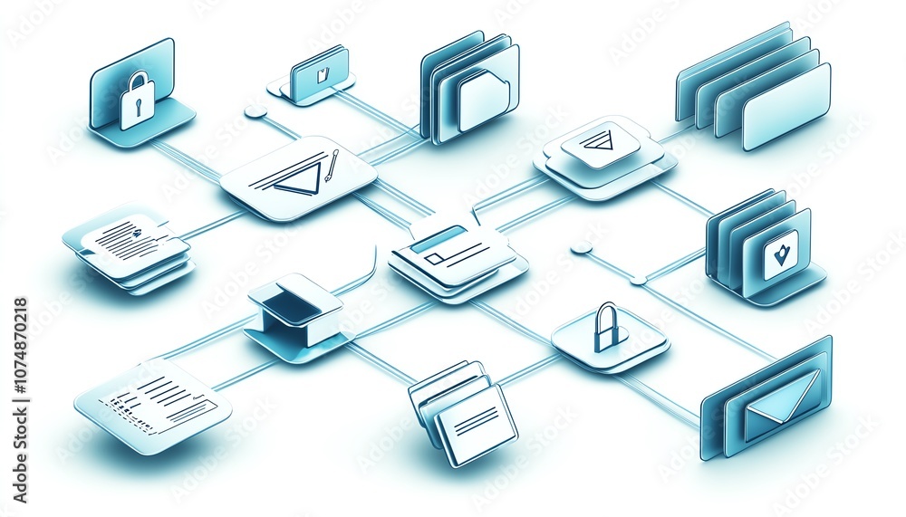 Poster Set of interconnected digital document and folder icons, isolated on white background, representing organized data management system