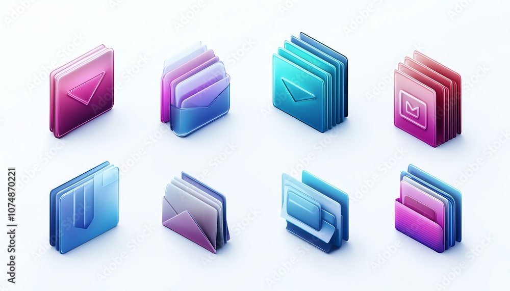 Poster Set of interconnected digital document and folder icons, isolated on white background, representing organized data management system