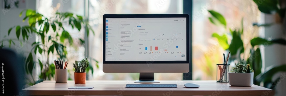 Poster this smart office workspace features an adjustable height desk and a monitor showcasing detailed ana